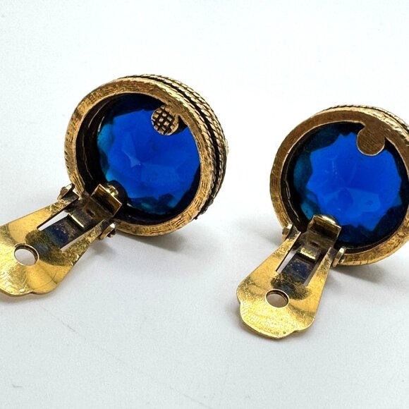 Cobalt Blue Earrings Vintage Crystal Textured Gold Tone Round Clip-On - Picture 11 of 13